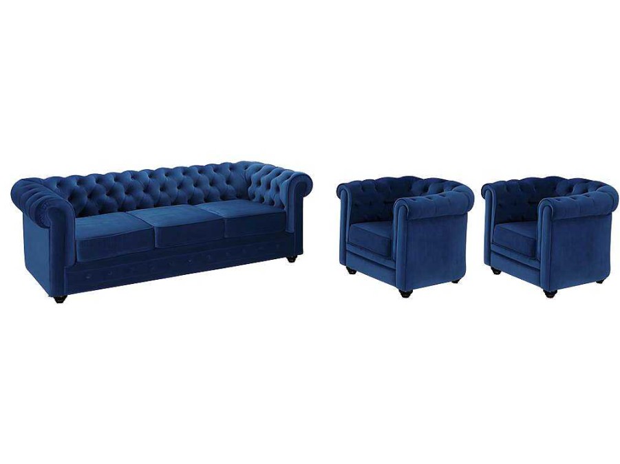 Vente-unique Set Zitbank + Fauteuil | Driezitsbank En 2 Fauteuils Chesterfield - Fluweel - Konings Blauw