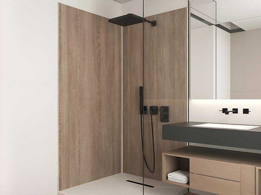 Shower & Design Douchewandpaneel | Set Van 2 Douchewandpanelen Met Houteffect Van Aluminium Met Profielen - 2 X L90 X H210 Cm Eneko