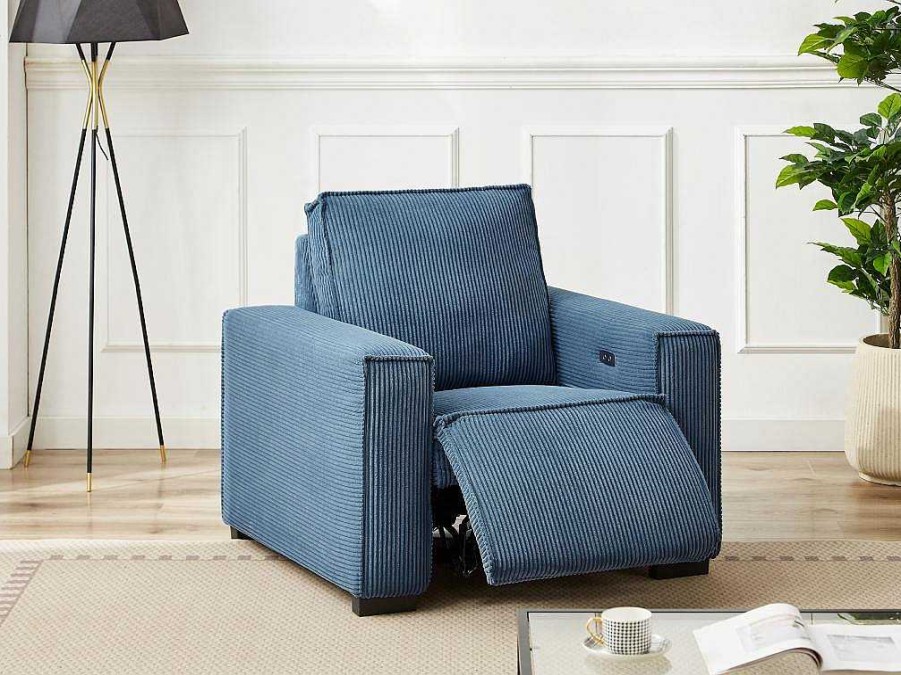 Vente-unique Relaxfauteuil | Elektrische Relaxfauteuil Met Bekleding In Blauw Ribfluweel Amelio