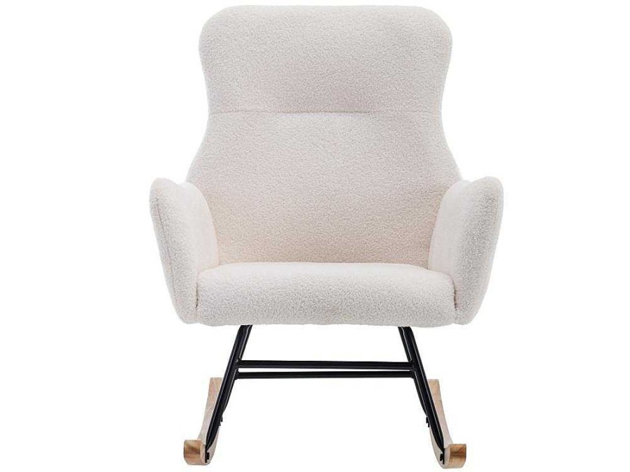 ModernLuxe Fauteuil Stof | Schommelstoel - Relaxstoel Voor In De Woonkamer - Opgevuld Met Teddypluche - Vakjes Aan De Zijkant Van De Armleuningen - Houten Onderstel - Wit