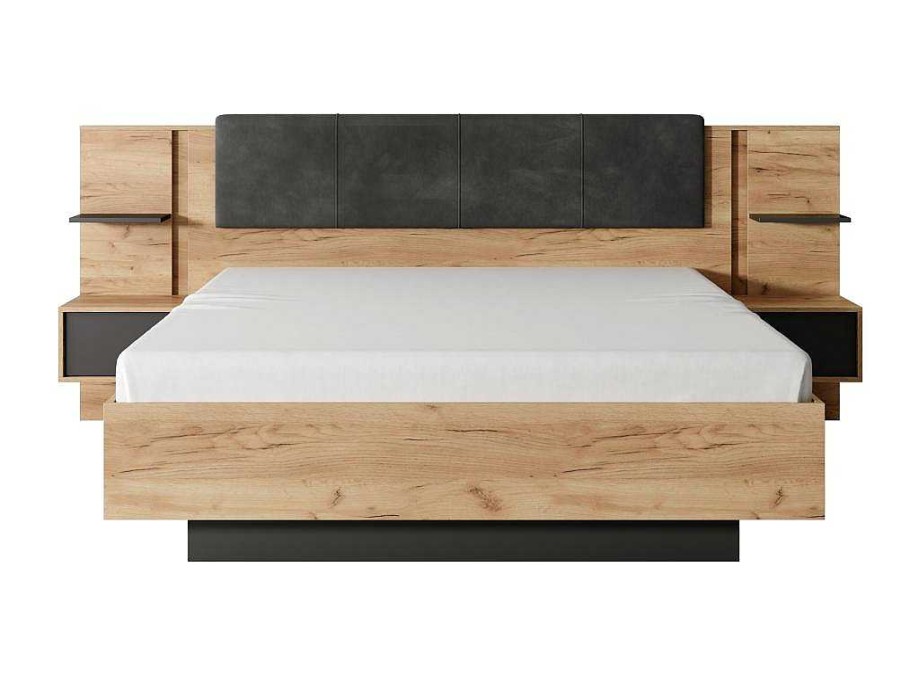 Vente-unique Aanbiedingen: Slaapkamer & Kantoor | Bed Met Nachtkastjes 160 X 200 Cm - Met Ledverlichting - Kleur: Naturel En Antraciet - Elynia