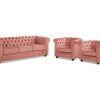 Vente-unique Set Zitbank + Fauteuil | Driezitsbank En 2 Fauteuils Chesterfield - Fluweel - Pastel Roze