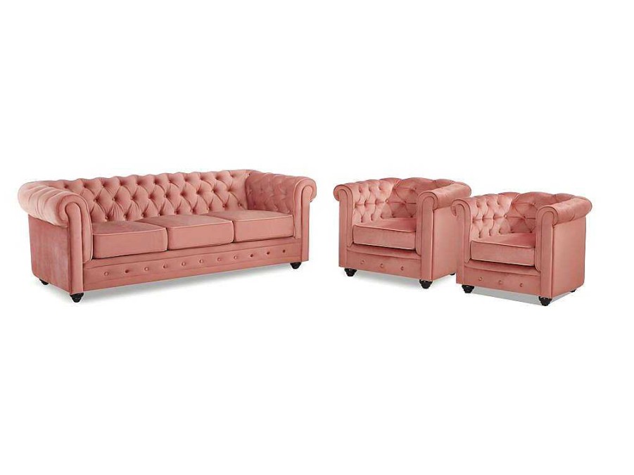 Vente-unique Set Zitbank + Fauteuil | Driezitsbank En 2 Fauteuils Chesterfield - Fluweel - Pastel Roze