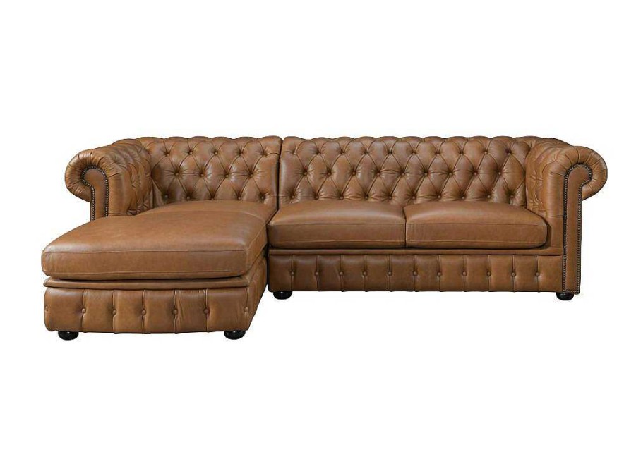 LINEA SOFA Leren Zitbank | Hoekbank Chesterfield Brenton 100% Buffelleer - Hoek Links - Vintage Caramel