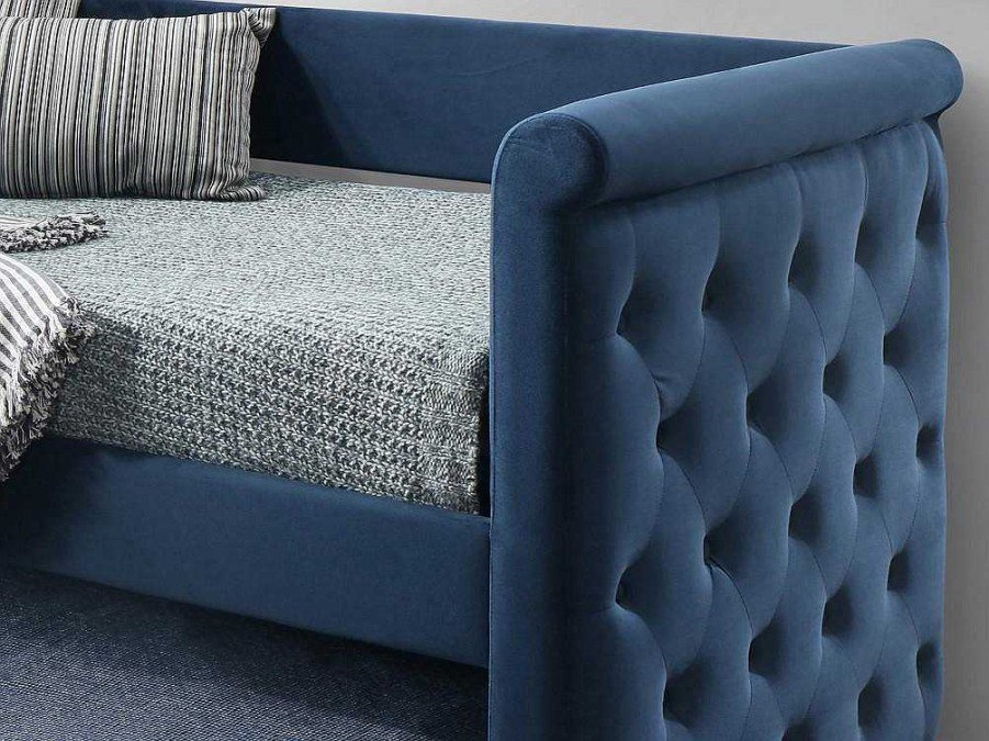 Vente-unique Bed Met Slaaplade | Gewatteerde Slaapbank Louise - 2 X 90 X 190 Cm - Stof Blauw