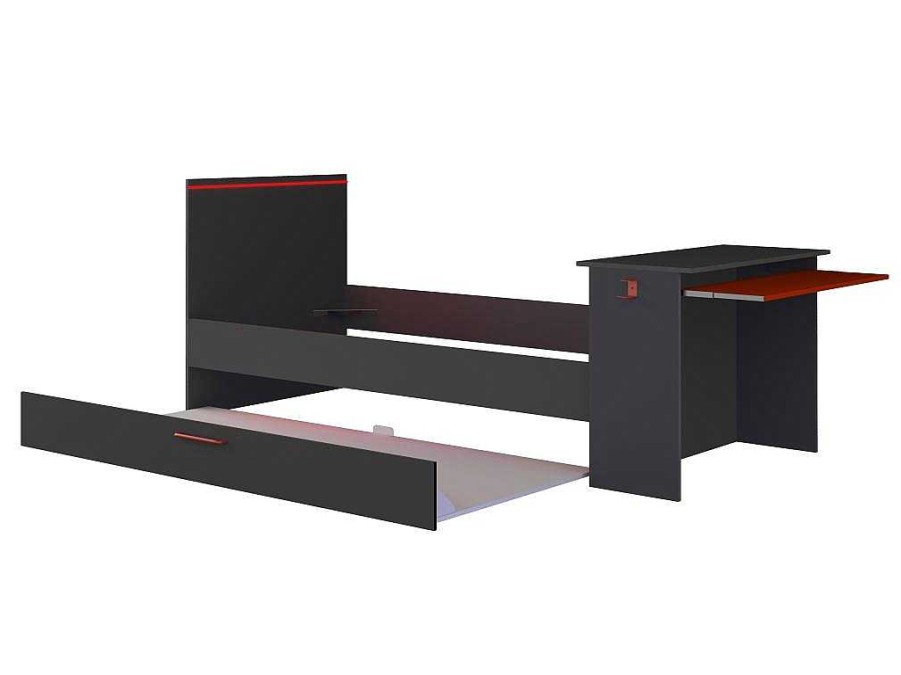 Vente-unique Bed Met Slaaplade | Gamer Bed 2 X 90 X 200 - Met Bureau - Led'S - Antraciet En Rood + Bedbodem - Vouani