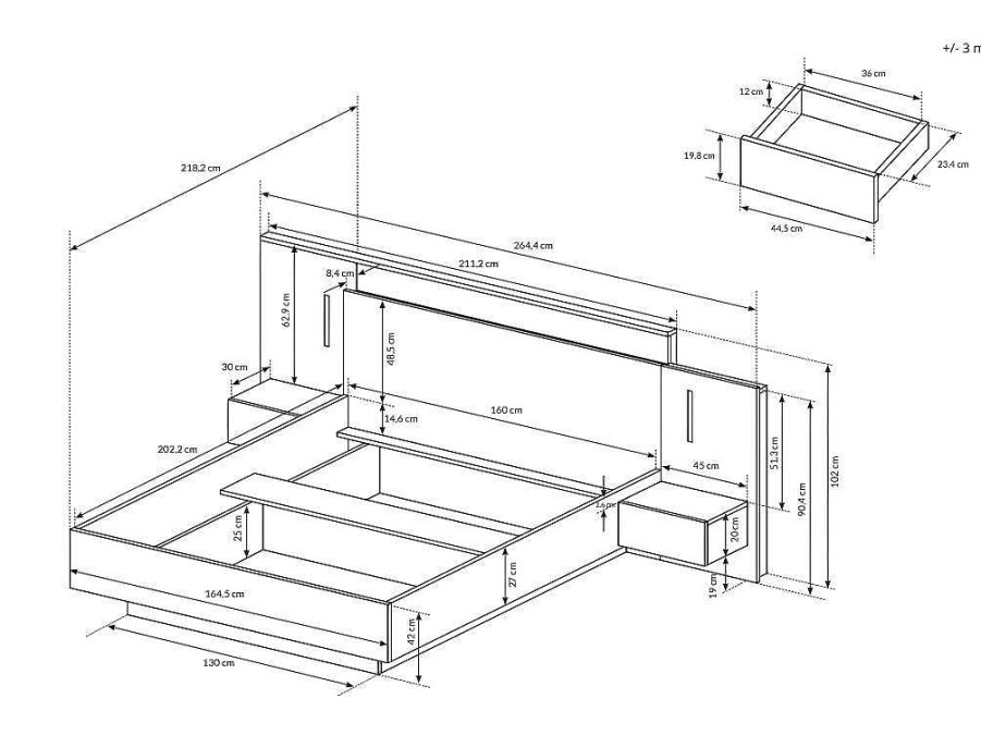 Vente-unique Tweepersoonsbed | Bed Met Nachtkastjes 160 X 200 Cm - 2 Laden - Met Led'S - Kleur : Naturel En Antraciet - Francoli