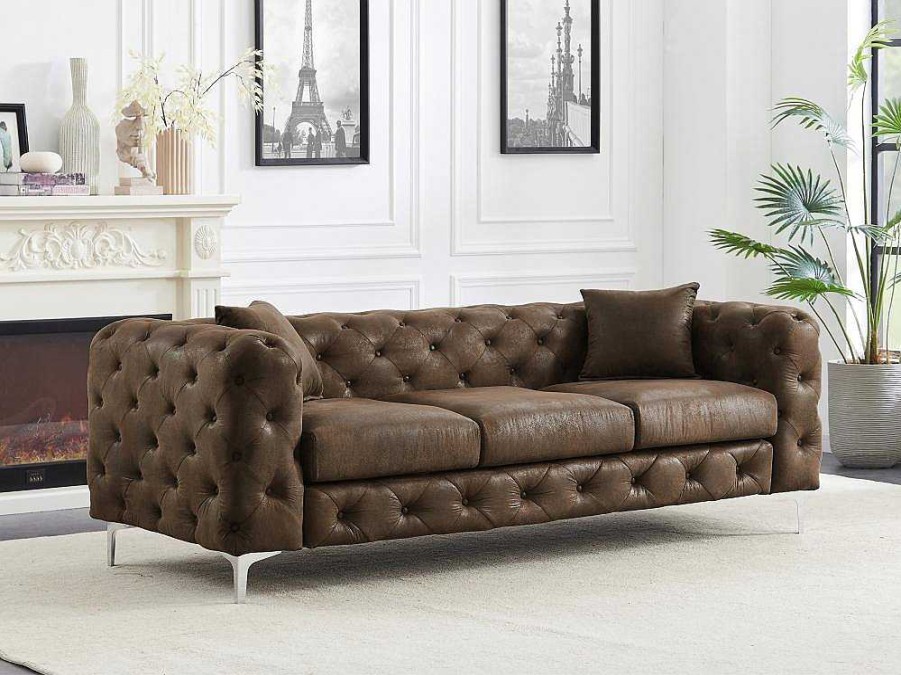 Vente-unique Chesterfield Zitbank | Driezits-Chesterfieldbank Van Microvezel Met Verouderd Leereffect Edwina