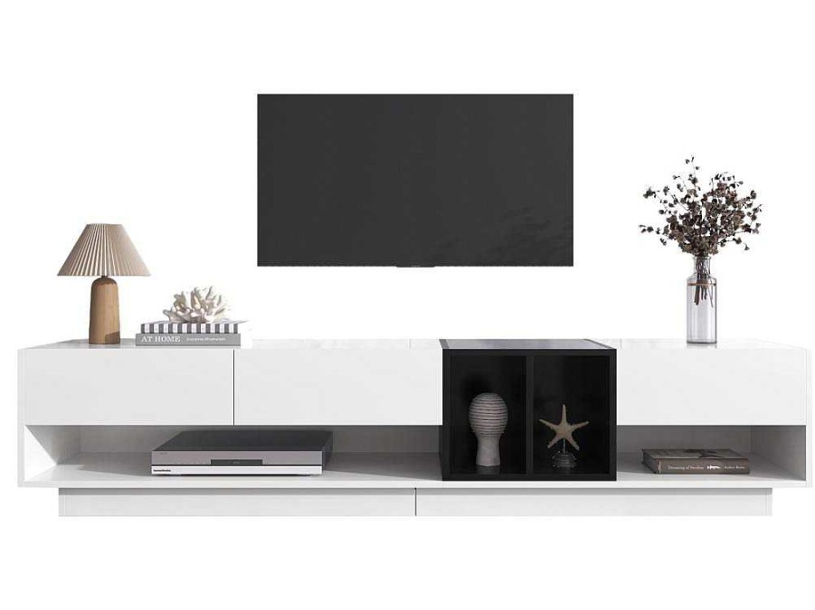 Vente-unique Tv-Meubel | Tv-Meubel Van 190 Cm - 3 Laden En 4 Nissen - Spaanplaat - Kleuren Wit En Zwart