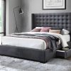 Vente-unique Tweepersoonsbed | Bed Gewatteerd Hoofdbord - Met Laden - 160 X 200 Cm - Stof Grijs - Leonce