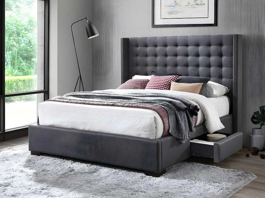 Vente-unique Tweepersoonsbed | Bed Gewatteerd Hoofdbord - Met Laden - 160 X 200 Cm - Stof Grijs - Leonce