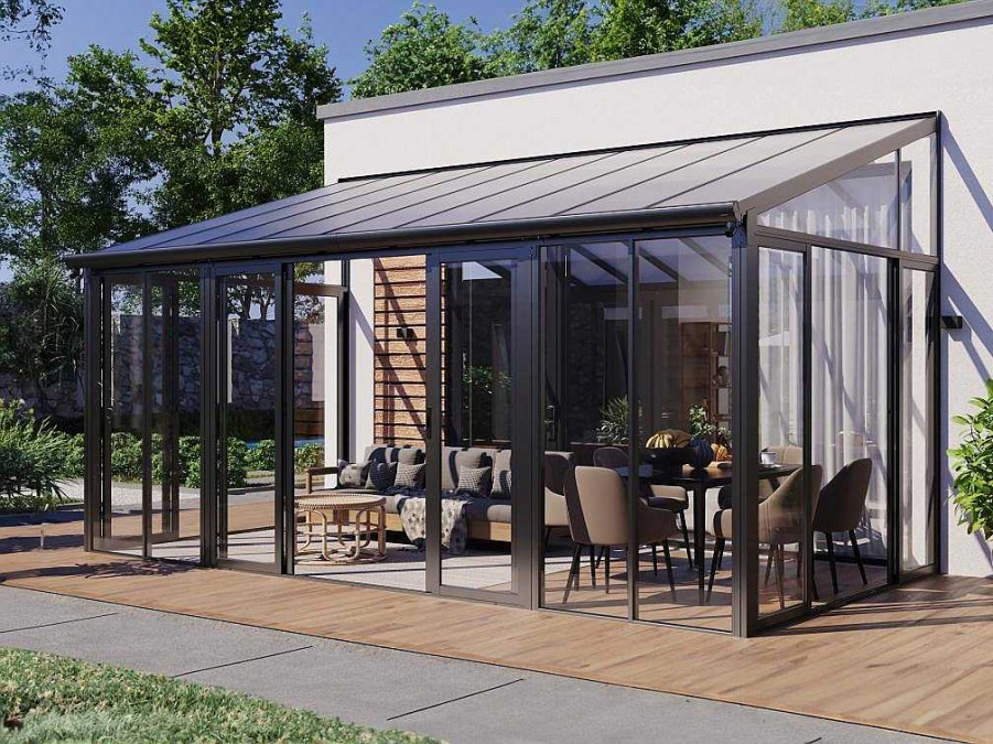 EXPERTLAND Prieel, Pergola, Gazebo En Kiosk | Veranda Van Aluminium En Polycarbonaat Met Uv-Bescherming - 15,8 M - Antraciet - Mathilda