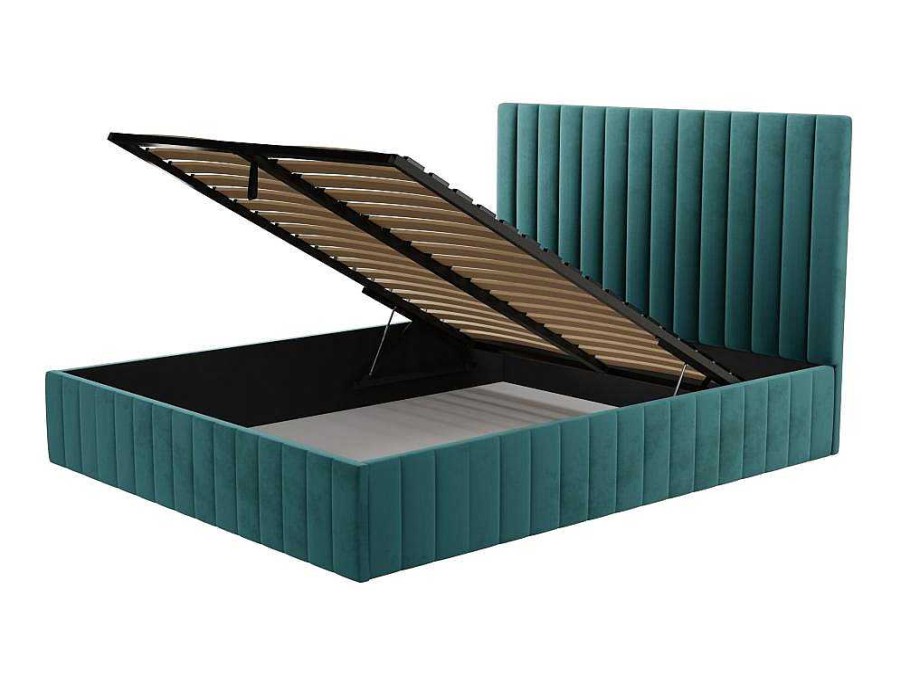 PASCAL MORABITO Tweepersoonsbed | Kofferbed En Hoofdbord Met Verticale Stiksels - 160 X 200 Cm - Fluweel - Eendblauw - Larali - Van Pascal Morabito