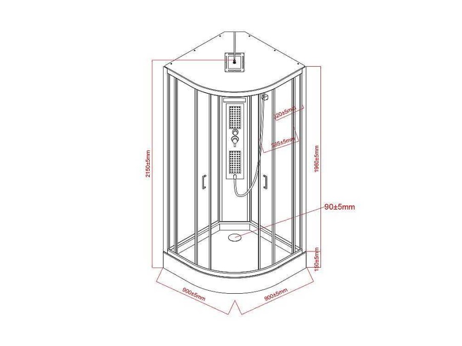 Shower & Design Douchecabine | Kwartcirkelvormige Douchecabine Met Massagestralen L90 X B90 X H215 Cm Solena