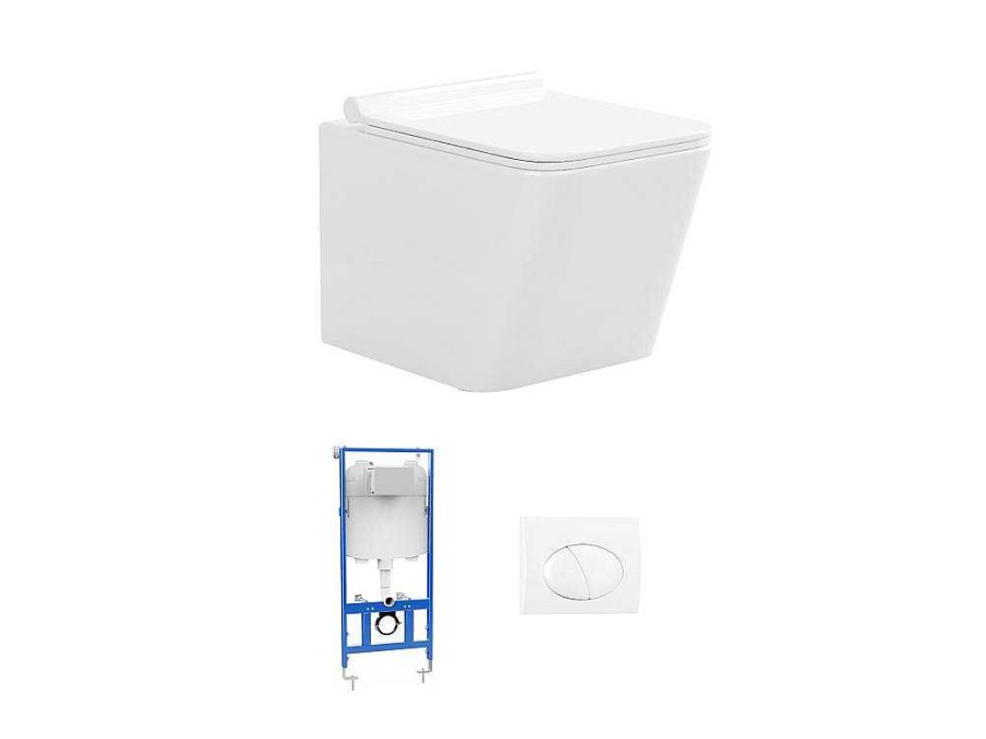 Vente-unique Hangend Toilet | Set Voor Witte Hang-Wc Met Voorwandsysteem En Chroomkleurige Ovalen Bedieningsplaat - Clemona