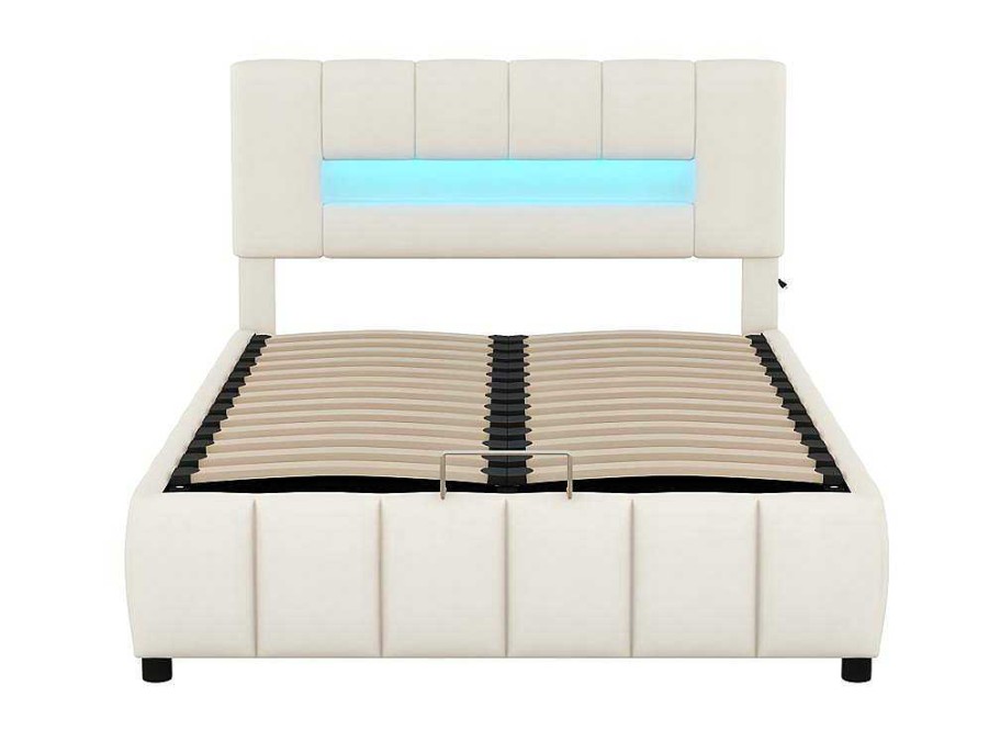 ModernLuxe Fluwelen Bed | Fluwelen Opbergbed Met Led En Lattenbodem - 140X200Cm - Beige