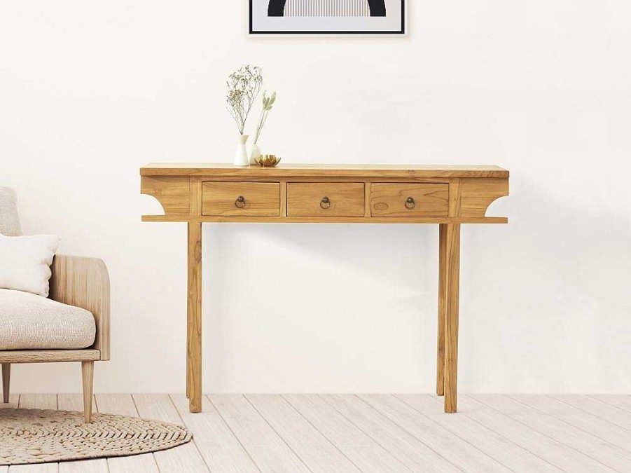 Vente-unique Sidetable | Sidetable Met 3 Lades In Teak - Kleur: Houtlook - Wekea