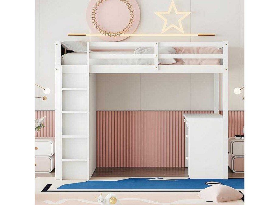 ModernLuxe Kinderbed Hoogslaper | Mezzaninebed 90X200 Cm - Met Opbergmeubel En Bureau - Massief Hout - Wit