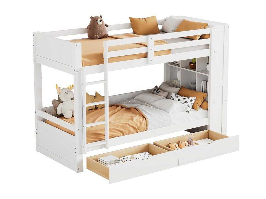 Vente-unique Kinderbed Stapelbed | Stapelbedden 2 X 90 X 200 Cm Voor Kinderen - 2 Laden + 6 Vakken + Planken - Mdf Hout - Wit