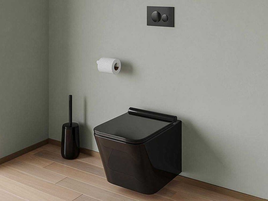 Vente-unique Hangend Toilet | Set Voor Hang-Wc Van Glanzend Zwart Keramiek Met Voorwandsysteem En Ronde Bedieningsplaat - Clemona