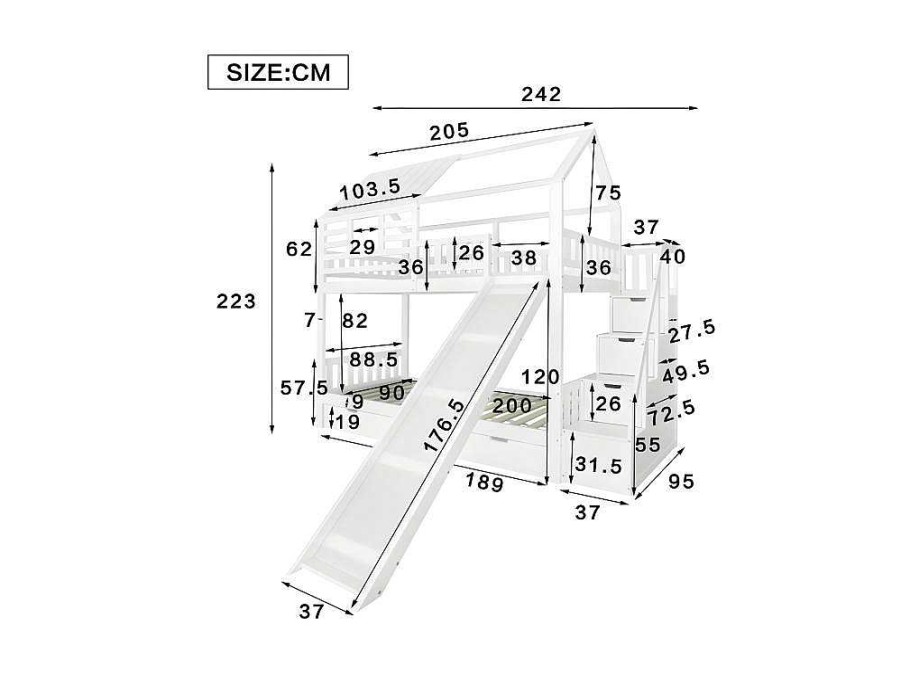 ModernLuxe Kinderbed Stapelbed | Stapelbed 90X200Cm - Grenenhout En Mdf Structuur - Met Glijbaan En Opbergtrap - Een Grote Lade Onder Het Bed - Wit