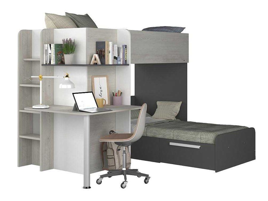 Vente-unique Kinderbed Stapelbed | Hoekstapelbed 2 X 90 X 190 Cm - Met Bureau - Grijs, Wit En Zwart - Samuel