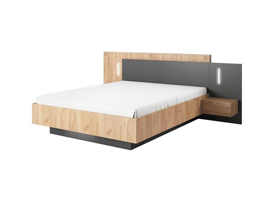 Vente-unique Tweepersoonsbed | Bed Met Nachtkastjes 160 X 200 Cm - 2 Laden - Met Led'S - Kleur : Naturel En Antraciet - Francoli