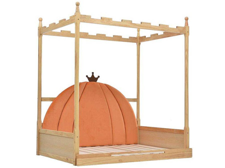 ModernLuxe Kinderbed | Onderschuifbed 140X200Cm In Massief Grenen - Fluwelen Hoofdeinde - Oranje & Wit