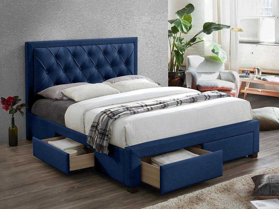 Vente-unique Tweepersoonsbed | Tweepersoons Bed Met Laden En Opbergruimte - Blauw Fluweel - 160 X 200 Cm - Leopold