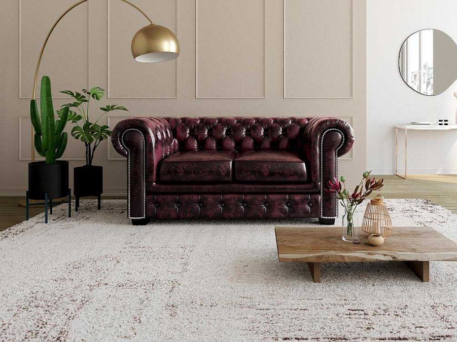 LINEA SOFA Leren Zitbank | Tweezitsbank Chesterfield Brenton 100% Buffelleer - Cherry