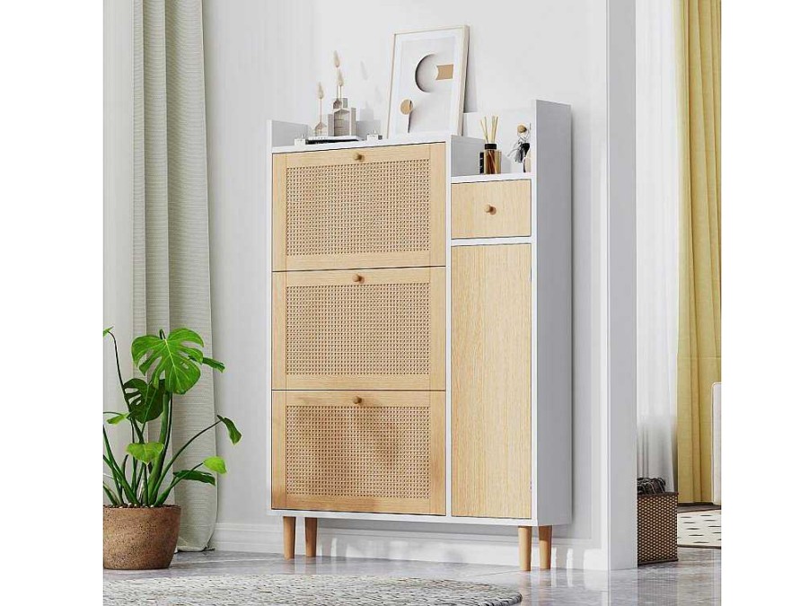 Vente-unique Schoenenkast | Schoenenkast Met 3 Klepdeuren En 1 Lade Afmeting 90L X 17B X 125H Cm Houtlook Rotan Rieteffect Kleur Wit + Eiken