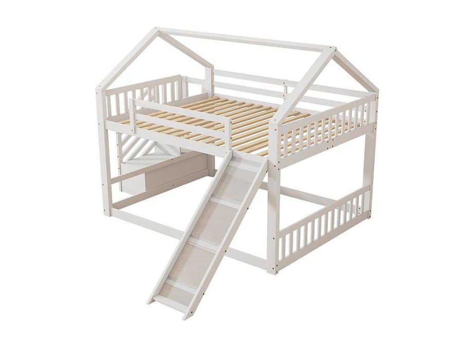 Vente-unique Kinderbed Stapelbed | Stapelbedden 140 X 200 Cm - Mdf Hout - Opbergtrap En Glijbaan - Wit