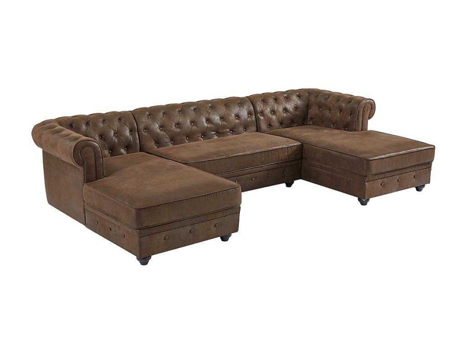 Vente-unique Xxl Hoekbank | Brede Hoekbank Van Microvezel Met Verouderd Leereffect Chesterfield