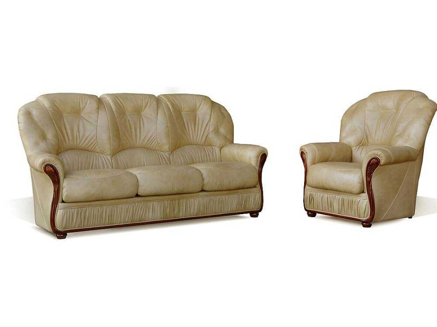 Vente-unique Set Zitbank + Fauteuil | Driezitsbank En Fauteuil Daphne Van 100% Buffel Leer - Beige