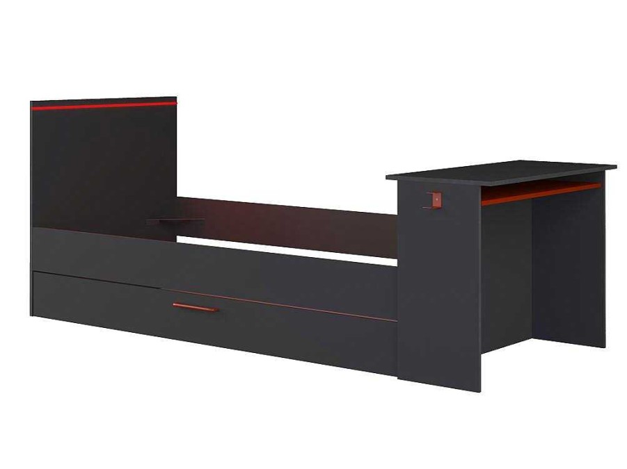 Vente-unique Bed Met Slaaplade | Uitschuifbed 90 X 200 En 90 X 190 Cm - Met Bureau - Ledverlichting - Antraciet En Rood + Matras + Bedbodem - Vouani