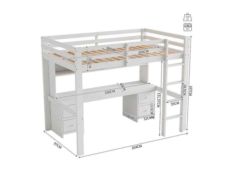 Vente-unique Kinderbed Hoogslaper | Hoogslaper 90 X 200 Cm Met Bureau, Boekenkast, Lades En Ladder, Mdf Hout, Wit