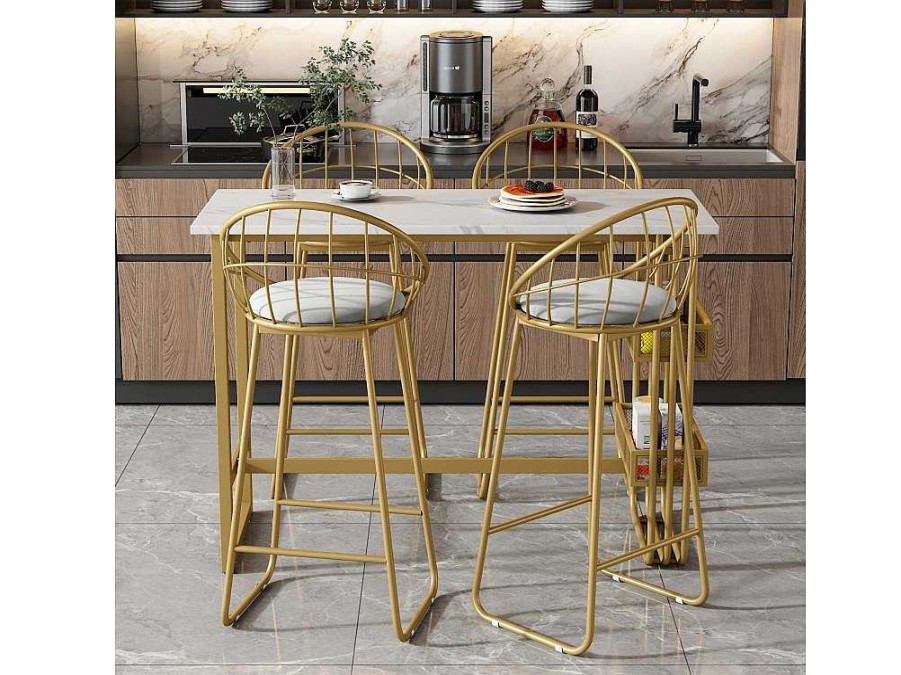 ModernLuxe Keukenmeubel | Set "Eat Standing": Bartafel En 4 Krukken - Metalen Structuur - Goud