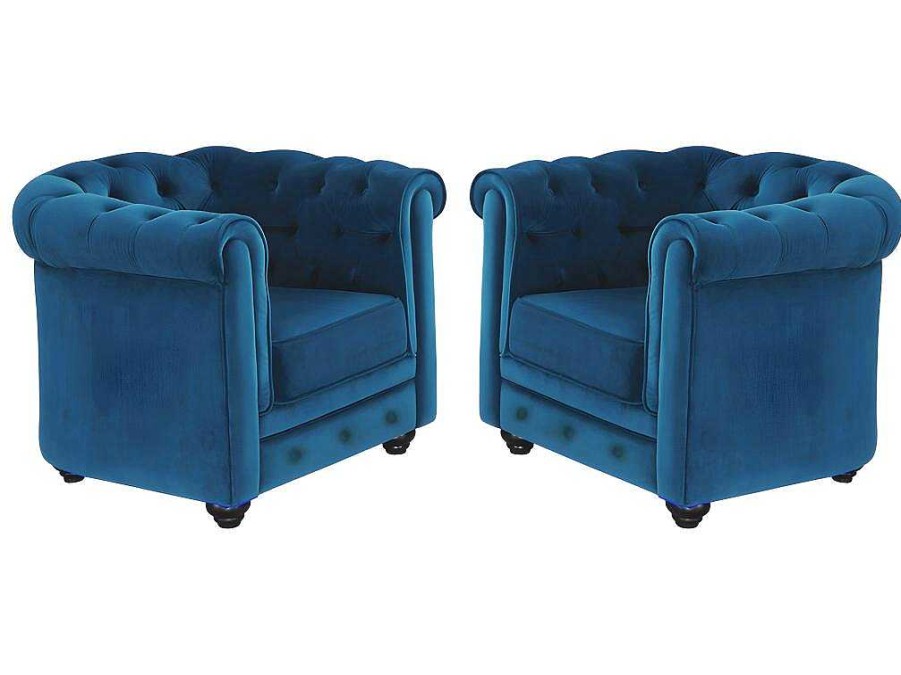 Vente-unique Fauteuil Stof | Set Van 2 Fauteuils Chesterfield - Fluweel - Eend Blauw