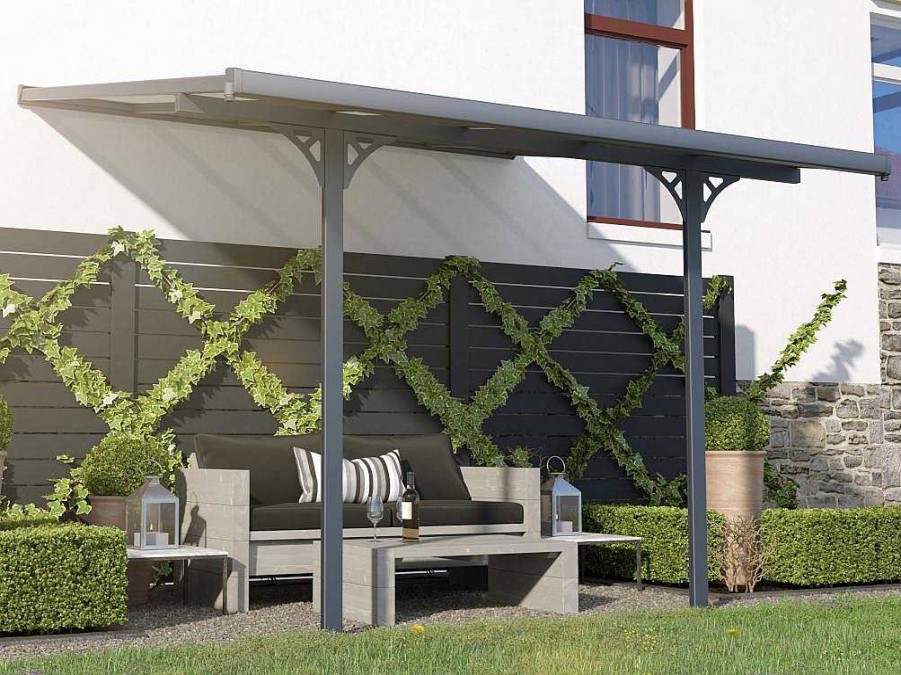 EXPERTLAND Prieel, Pergola, Gazebo En Kiosk | Aanleunende Pergola In Aluminium 9,5M Antraciet Alvaro - L314Xd305Xh240/285 Cm