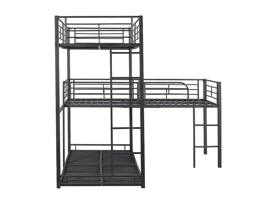 Vente-unique Kinderbed Stapelbed | Driedubbele Stapelbedden 90 X 200 Cm - Hoge Reling En Ladder - Metaal - Zwart