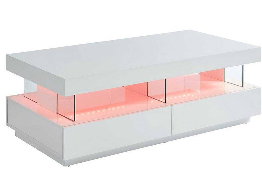 Vente-unique Salontafel | Salontafel Fabio - Wit Gelakt Mdf - Leds - 2 Lades En 2 Nissen