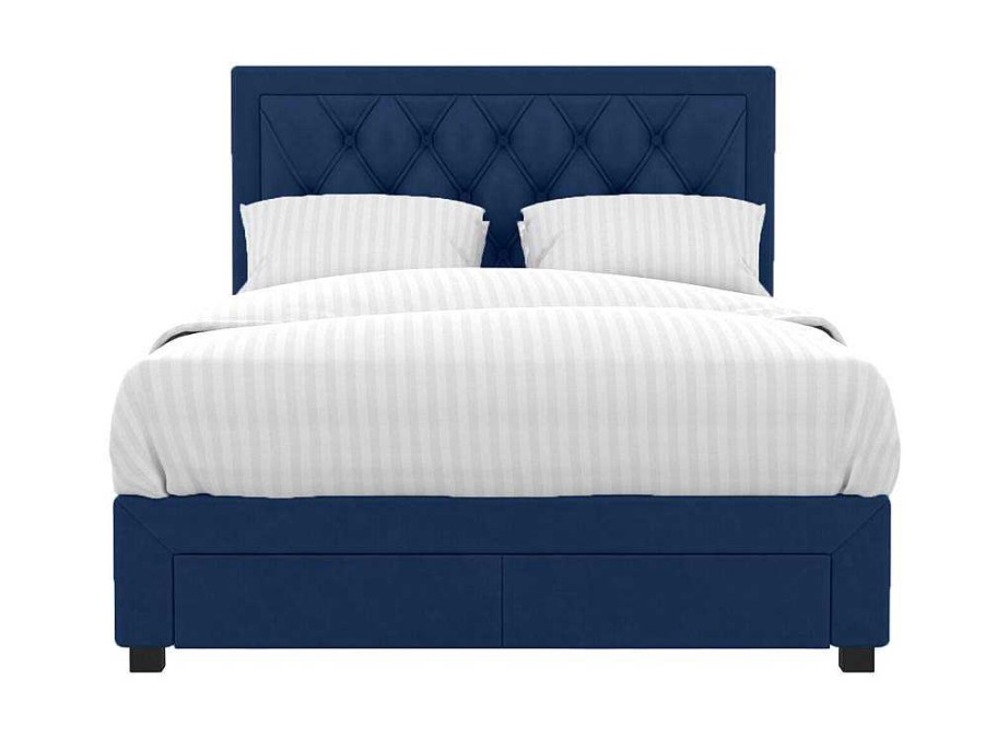 Vente-unique Tweepersoonsbed | Tweepersoons Bed Met Laden En Opbergruimte - Blauw Fluweel - 160 X 200 Cm - Leopold