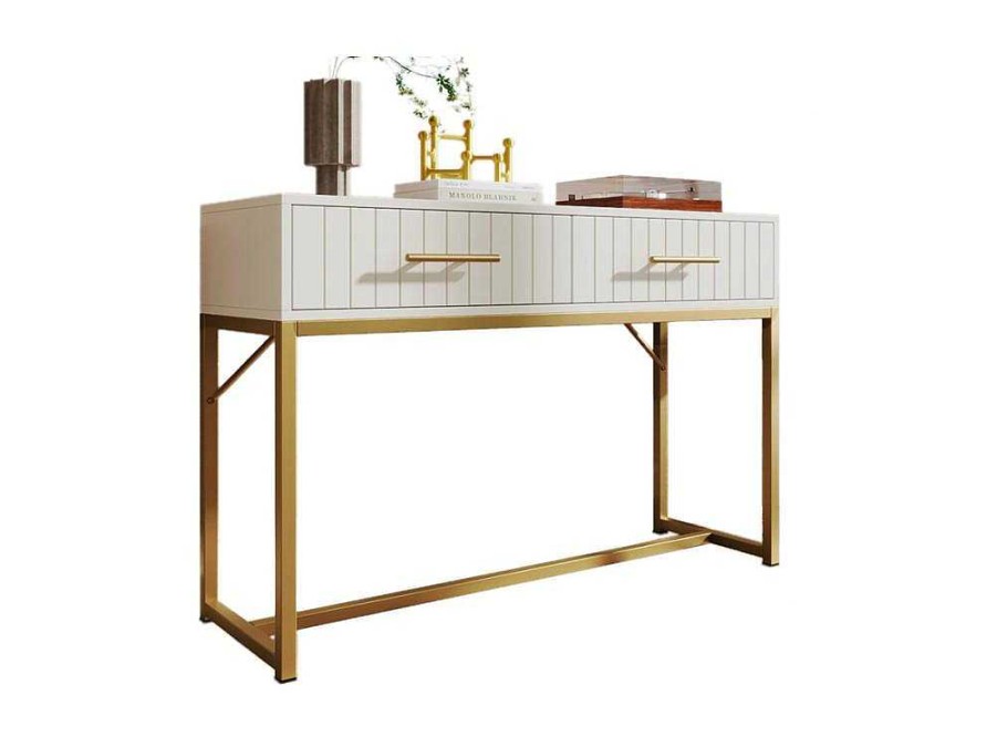 ModernLuxe Kaptafels | Kaptafel Versierd Met Verticale Strepen - H 75 Cm - Met 2 Laden En Metalen Onderstel - Wit