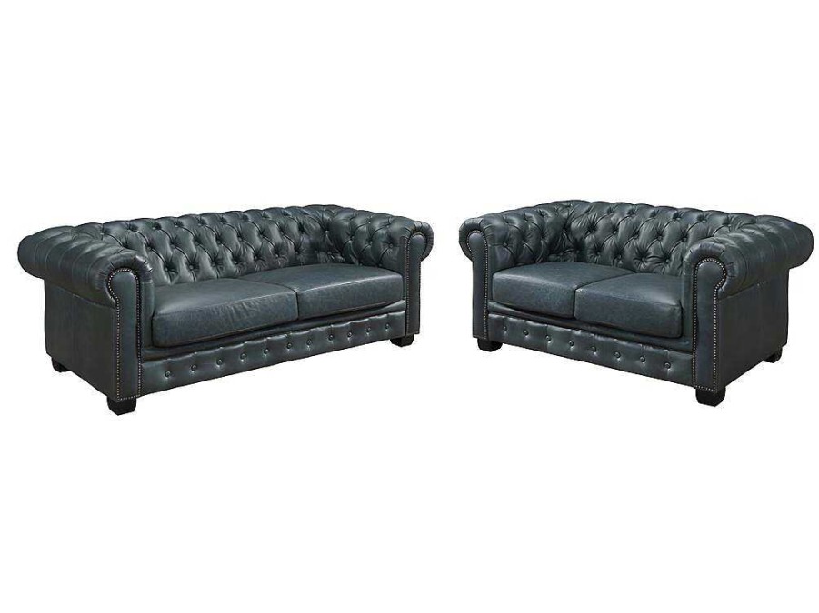 LINEA SOFA Bankstel 3+2 | Chesterfield Zitbank 3 + 2 Plaatsen Brenton 100% Buffelleer - Spaans Groen