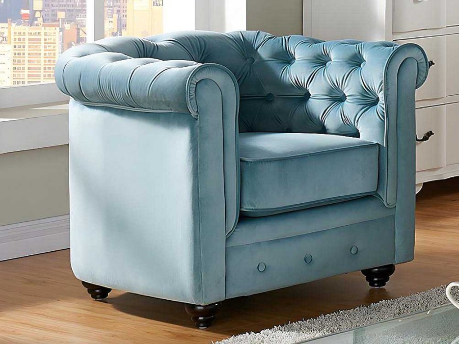 Vente-unique Set Zitbank + Fauteuil | Driezitsbank En 2 Fauteuils Chesterfield - Fluweel - Pastel Blauw