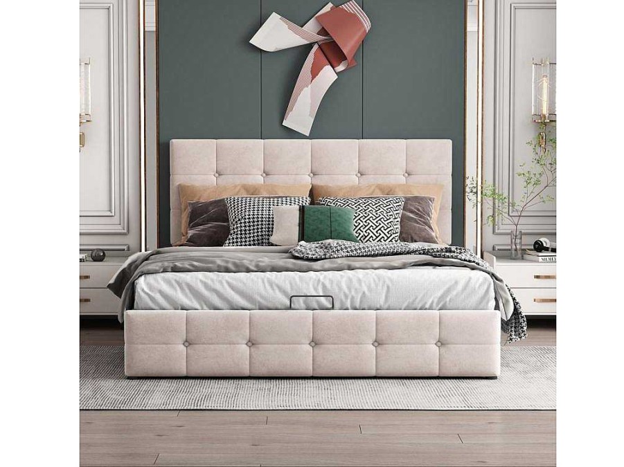 ModernLuxe Fluwelen Bed | Gestoffeerd Opbergbed - 140X200Cm - Fluwelen Stof - Verstelbaar Blokpatroon Hoofdeinde - Creme