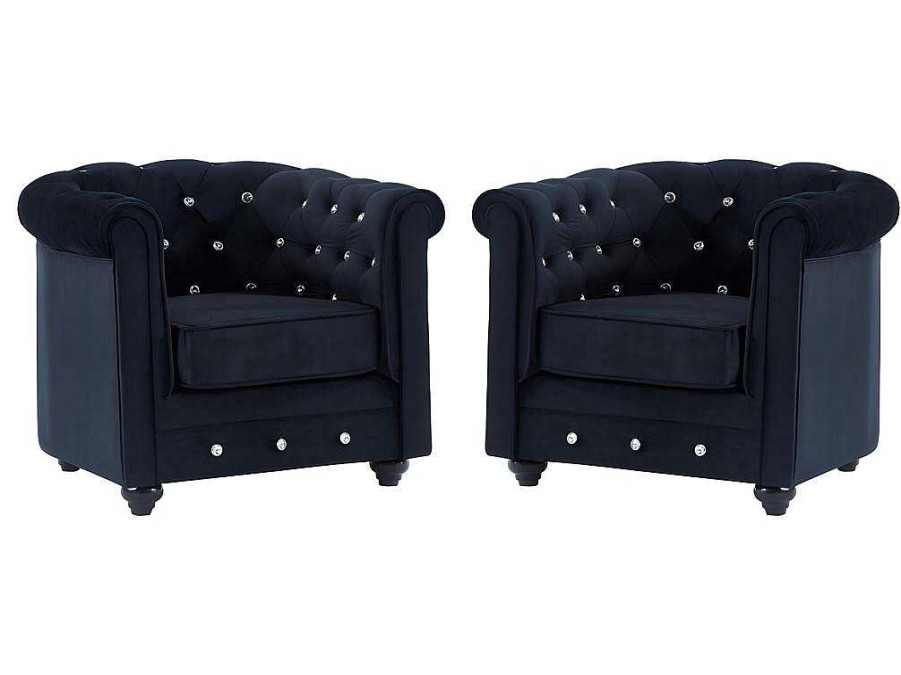 Vente-unique Fauteuil Stof Fluweel / Suedine | Set Van 2 Fauteuils Chesterfield - Fluweel - Zwart Met Kristallen Knopen