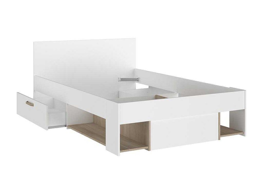 Vente-unique Tweepersoonsbed | Bed Met Opbergruimte 120 X 190 Cm Wit En Houtlook Kinselia