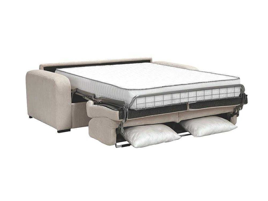 Vente-unique Slaapbank Met Matras | Express-Vierzitsslaapbank Van Beige Ribfluweel - Bed Met Brede Latten 160 Cm - Matras 18 Cm - Bevis