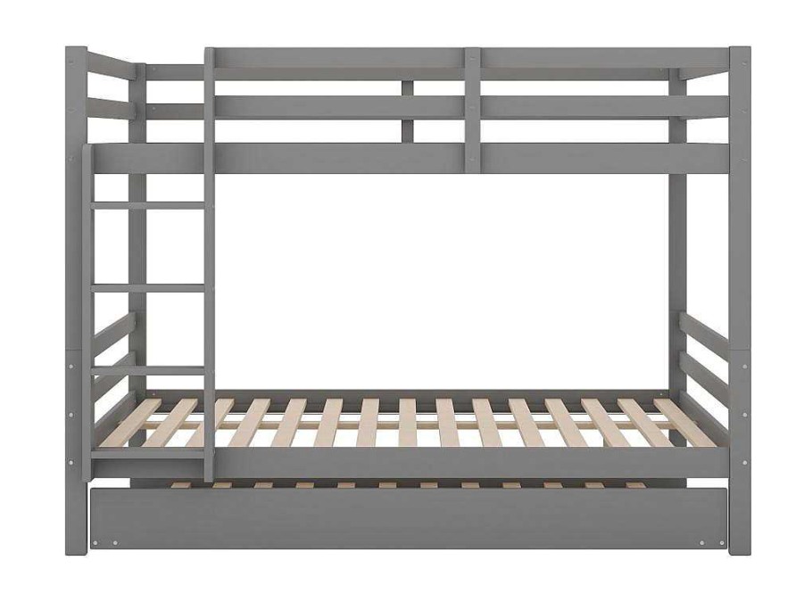 Vente-unique Kinderbed Stapelbed | Stapelbedden 140 X 200 Cm Met Onderschuifbed 90 X 200 Cm - Balustrade En Trap - Mdf Hout - Grijs